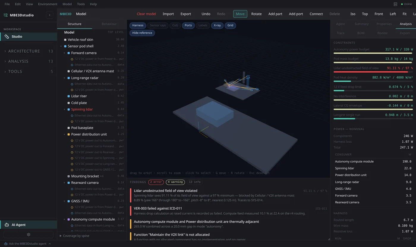 The Analysis tab with mass properties, per-mode power, the harness table and sensor coverage.