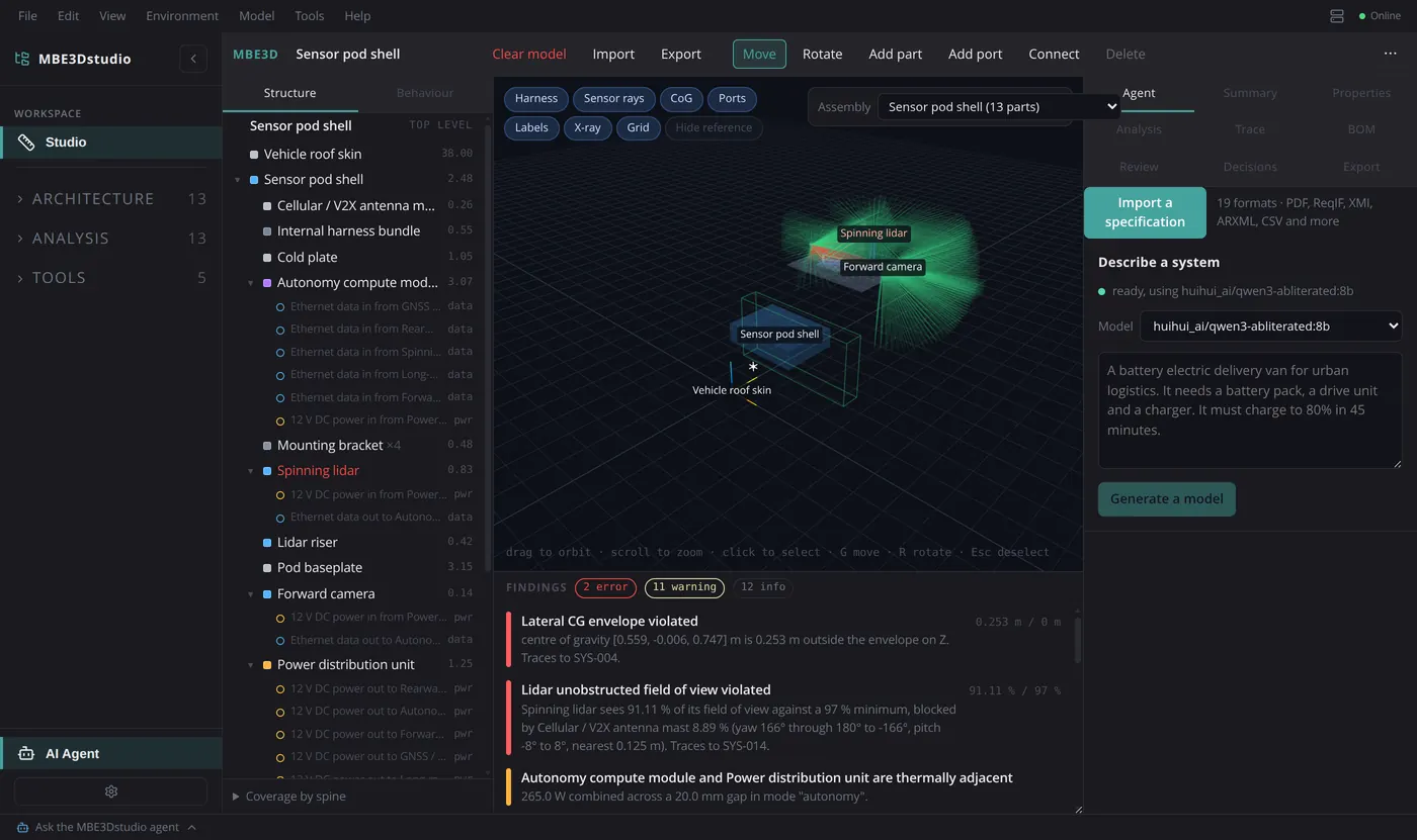 MBE3Dstudio in its dark theme showing a roof-mounted autonomy sensor pod in X-ray with the lidar's field of view drawn as a cone, the assembly tree on the left, the agent panel on the right, and a findings panel below the viewport listing a violated lateral centre-of-gravity envelope and a lidar field of view blocked by the antenna mast.