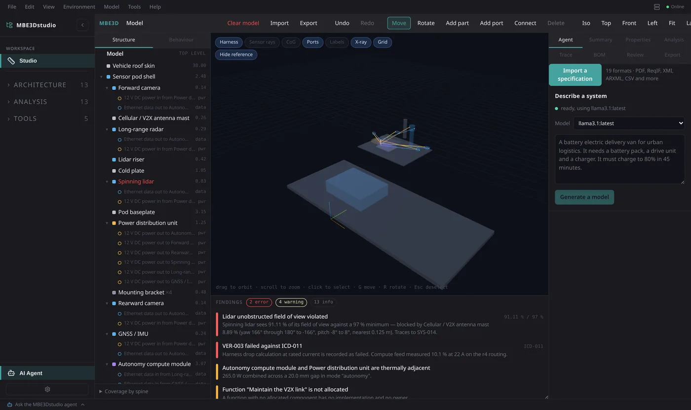 The MBE3Dstudio studio showing a roof sensor pod in X-ray, with one failing constraint and a failed verification listed in the findings panel below the viewport.